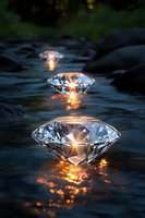Sparkling diamonds floating on dark water surface with magical light reflections and sun stars, creating mystical atmosphere in nature setting.
