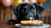 Black Labrador puppy wearing party hat looking longingly at birthday cupcake with candle on plate, colorful bokeh background creates festive mood.