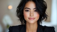 Young Asian woman with short wavy black hair and natural makeup wearing black blazer smiling confidently at camera against soft blurred background.