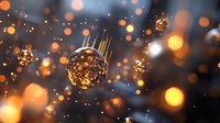 Glowing golden spheres with light rays floating in dark space surrounded by magical bokeh lights and sparkles creating mystical atmospheric background.