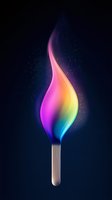 Magical rainbow flame on wooden match stick glowing in dark background with sparkles and gradient colors from pink to blue, creating mystical atmosphere.