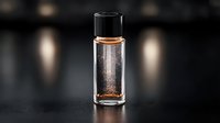 Glass bottle with shimmering copper and gold glitter particles suspended in clear liquid against dark background with soft bokeh lighting effects.