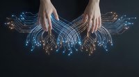 Hands manipulating glowing digital data streams and fiber optic light waves against dark background, representing technology, connectivity, and digital transformation for web and tech design.
