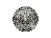 United States 250th anniversary commemorative coin featuring eagle emblem and shield design, isolated on white background for numismatic collections, historical documentation, and educational materials.