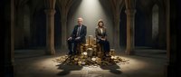 Wealthy business couple sitting on chairs surrounded by stacks of money and gold coins in dramatic underground vault with stone arches and spotlight.