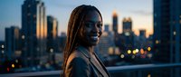 Young African American businesswoman with braided hair smiling confidently on urban rooftop terrace at sunset with city skyline and glowing lights in background.