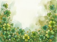 Watercolor green shamrock and clover border frame with white daisies, soft background with copy space for St. Patricks Day designs.