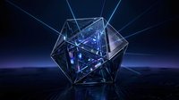 Abstract geometric polyhedron with glowing blue neon lines and digital light rays emanating from center on dark background. Futuristic technology concept.