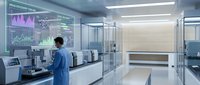 Asian male scientist analyzing data on digital display screen in modern laboratory facility with advanced equipment and clean sterile environment.