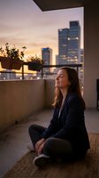 Young businesswoman meditating on rooftop terrace at sunset with city skyline background, practicing mindfulness and relaxation after work.