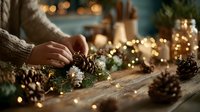 Female hands arranging pine cones and evergreen branches on rustic wooden table with warm fairy lights creating cozy holiday atmosphere.
