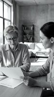 Senior businesswoman with glasses mentoring young female colleague reviewing documents in modern office workspace for professional development.