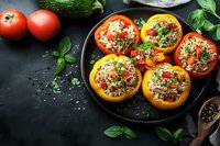 Colorful bell peppers stuffed with quinoa, vegetables and herbs served on black plate with fresh basil leaves and tomatoes on dark background.
