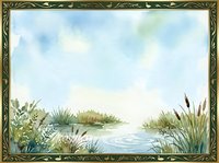 Tranquil watercolor wetland scene with cattails and marsh grasses along peaceful water under soft cloudy sky in decorative vintage frame for nature artwork.