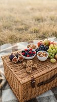 Wicker picnic basket filled with fresh fruits, berries, nuts and granola bars on blanket in sunny meadow for outdoor dining and healthy snacking.