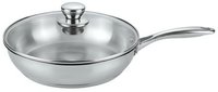 Stainless steel wok with glass lid and long handle for stir-frying, cooking, and food preparation in professional and home kitchens.