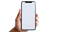 Female hand holding modern black smartphone with blank white screen mockup isolated on white background for app and web design presentation.