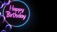 Glowing neon happy birthday sign in pink and blue with floating transparent bubbles on dark background, modern celebration design for party invitations.