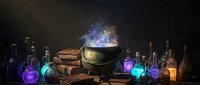 Magical cauldron with glowing smoke surrounded by colorful potion bottles and ancient books on dark wooden table for fantasy gaming and storytelling.