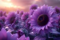 Purple sunflowers in dreamy sunset light with soft focus effect creating magical garden atmosphere, petals glowing in ethereal evening illumination against dusky sky background.