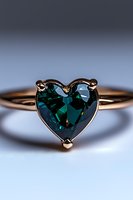 Elegant rose gold ring featuring heart-shaped emerald green gemstone against soft blue background, showcasing luxury jewelry craftsmanship and romantic design.