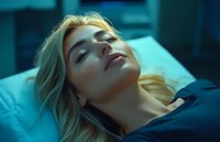 Young blonde woman sleeping peacefully on blue pillow in dark room with dramatic cyan lighting creating moody atmospheric portrait for wellness and relaxation concepts.