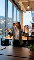 Happy businesswoman celebrating success with soap bubbles in modern office while colleagues applaud in background during evening hours.