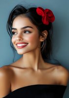 Young Hispanic woman with bright smile wearing red flower hair accessory and black off-shoulder top against blue background, natural makeup and glowing skin.