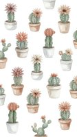 Watercolor cactus seamless pattern with blooming desert plants in terracotta pots on white background. Repeating botanical design for home decor and textiles.