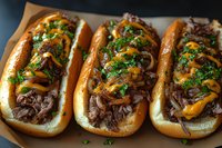 Philly cheesesteak sandwiches with tender sliced beef, melted cheese, caramelized onions and fresh parsley garnish on toasted hoagie rolls, close up food photography.