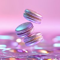 Floating macarons in dreamy pink and blue hues against soft bokeh background, with glitter and sparkle effects creating magical pastry atmosphere.