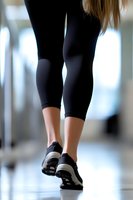 Close-up view of female legs in black capri leggings and running shoes walking on gym floor, showing active lifestyle and fitness motivation.