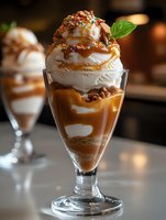 Layered caramel sundae with vanilla ice cream, whipped cream, colorful sprinkles and mint garnish in elegant glass. Drizzled with caramel sauce and topped with nuts.