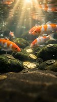 Orange and white koi fish swimming in sunlit pond with golden coins scattered on rocky bottom creating magical underwater scene with light rays and bubbles.