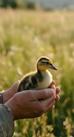 Young duckling with brown and black striped plumage held gently in human hands against blurred meadow background with wildflowers and green grass.