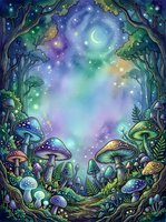 Enchanted forest clearing at night with glowing mushrooms, twisted trees, and crescent moon in starry sky, surrounded by magical flora and fauna in vibrant purples, blues, and greens.