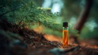 Small glass vial with amber essential oil placed on forest floor among pine branches, creating natural aromatherapy scene with soft bokeh background.