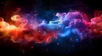 Colorful cosmic smoke and nebula clouds in space with orange, blue, and purple hues against black background, creating ethereal atmospheric effect.