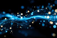 Glowing blue wave with sparkles and bokeh lights on dark background creates magical atmosphere for abstract designs and festive backgrounds.
