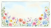 Watercolor wildflower border frame with pastel blooms, roses, poppies, and lavender on soft sky background with copy space.