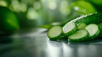 Fresh cucumber slices with water drops on dark reflective surface against green bokeh background, macro food photography for healthy eating concept.