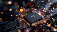 Microprocessor with AI symbol emitting glowing sparks and light rays on circuit board, futuristic technology concept for artificial intelligence computing.