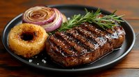 Juicy grilled beef steak with caramelized onion rings and fresh rosemary served on black plate against wooden background. Restaurant quality food styling.