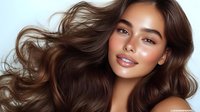 Young woman with flowing brunette hair, glowing skin, and natural makeup against light blue background. Perfect for beauty, cosmetics, and hair care advertising.