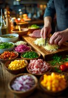 Chef chopping cheese on wooden board surrounded by colorful ingredients in wooden bowls, creating vibrant meal preparation scene in rustic kitchen.