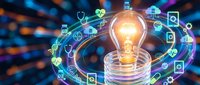 Glowing lightbulb surrounded by digital technology icons and circuit patterns, representing innovation, creativity, and smart solutions for business and design projects.