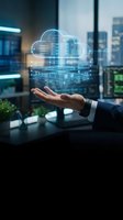 Businessman hand presenting holographic cloud computing technology with data analytics and digital transformation in modern office environment.