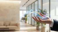 Businessman hand holding holographic smart home automation icons in modern office interior with wireless technology control system for connected devices.