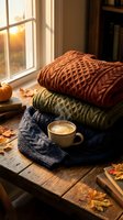 Cozy autumn scene with stacked knit sweaters, warm beverage in ceramic mug, fallen leaves, and golden sunlight streaming through window on wooden table.