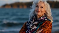 Elegant mature woman with silver hair wearing bright orange sweater and floral scarf smiling confidently at sunset by ocean, representing active aging and wellness lifestyle.